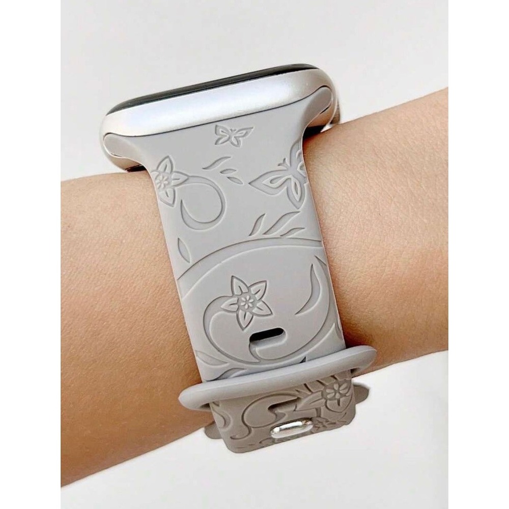 For Apple iWatch Compatible Gray Etched Floral Silicone Watch Band 42/44/45mm